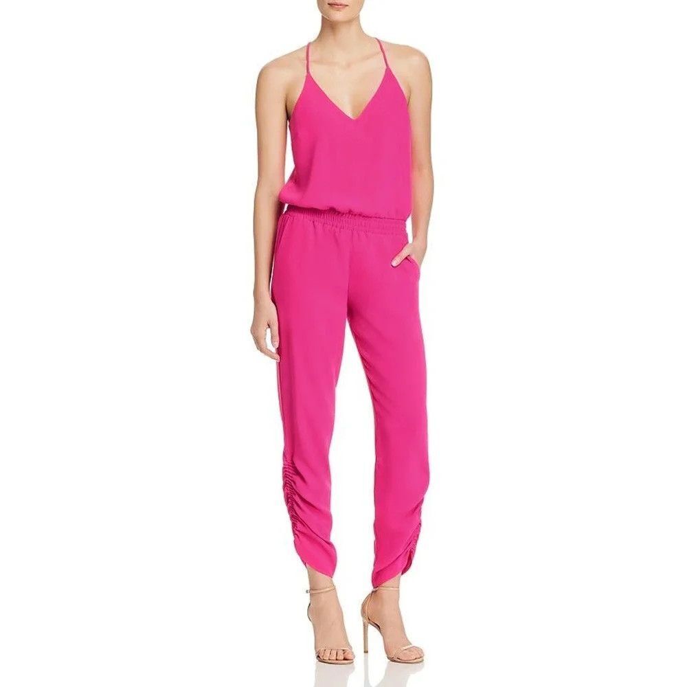 Amanda Uprichard Jumpsuit Womens Medium Pink V Neck Strappy Elastic Pockets